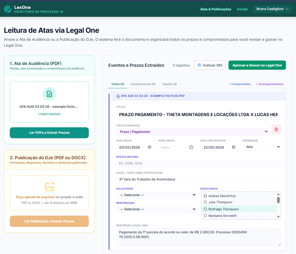 Tela de leitura de atas via Legal One — IA extraiu eventos, prazos e tarefas pra revisar antes de gravar